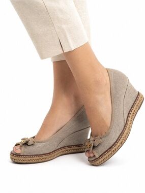 Tory Burch Jacki Wedge Espadrilles Peep Toe Rafia Rope Wedge Heel Canvas Size 7M